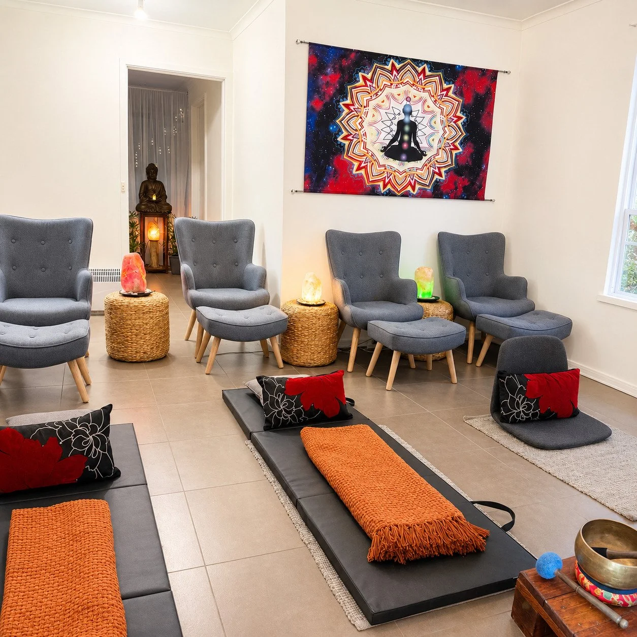 Comfortable seating in the meditation studio